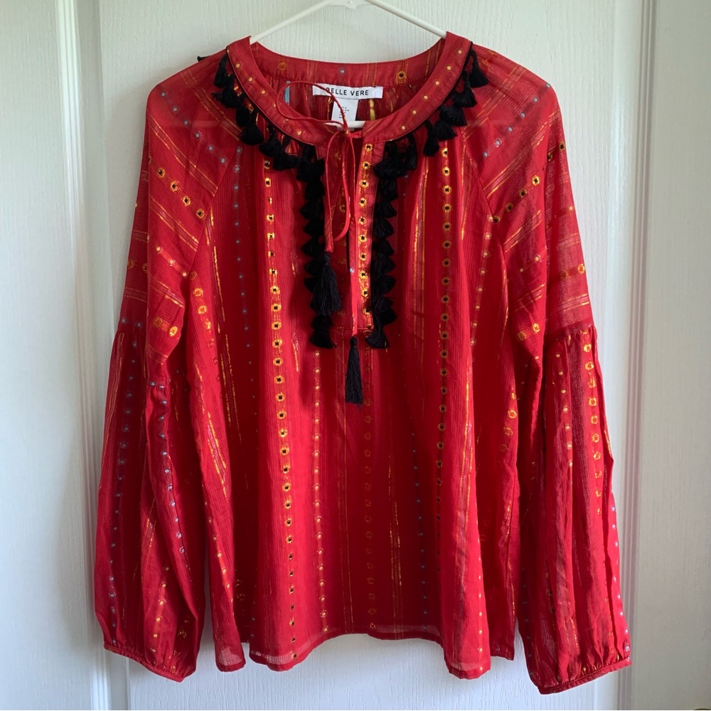 Belle Vere Red Boho Blouse with Black Tassels